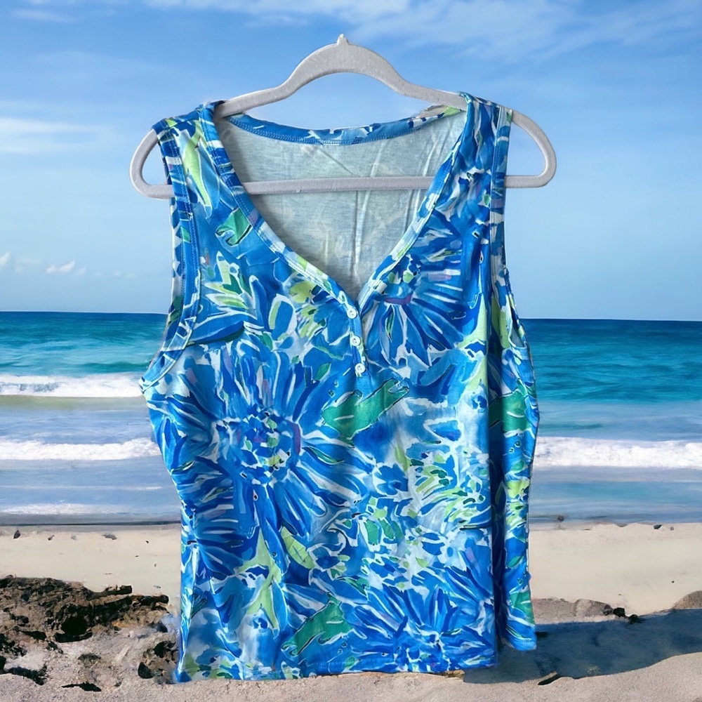 Floral print XL button down casual V-neck tank top NWOT